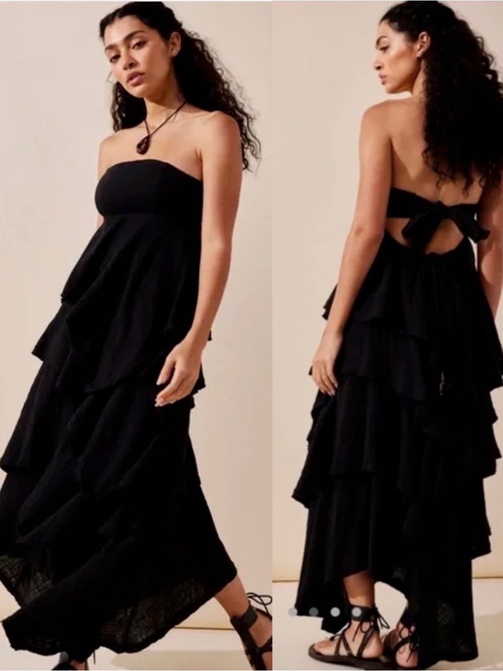 Free People Dress Womens Medium Black Tiered Maxi Open Back Cotton Gauze NWT